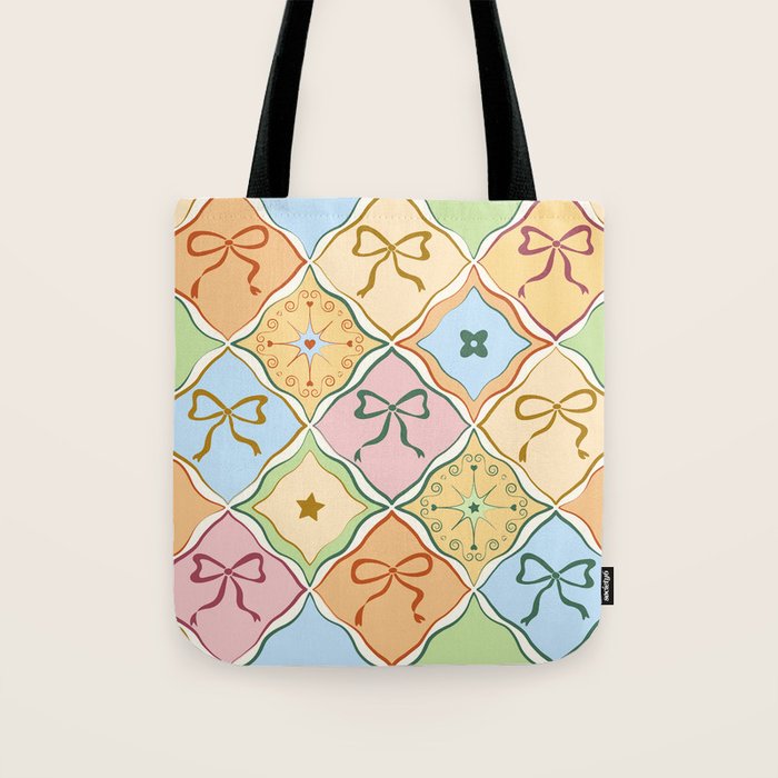 Coquette Ribbon Bows on Colorful Patchwork Tote Bag Gallery Image 1