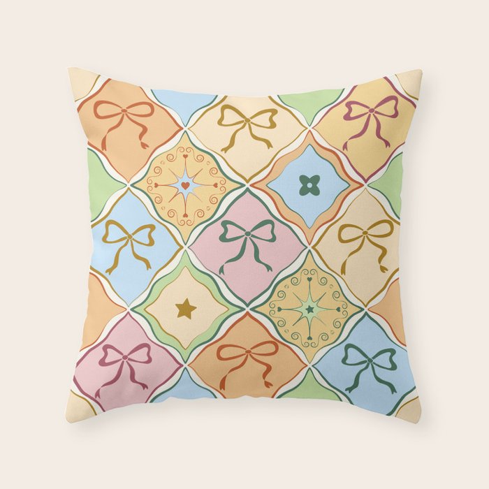 Coquette Ribbon Bows on Colorful Patchwork Throw Pillow Gallery Image 6