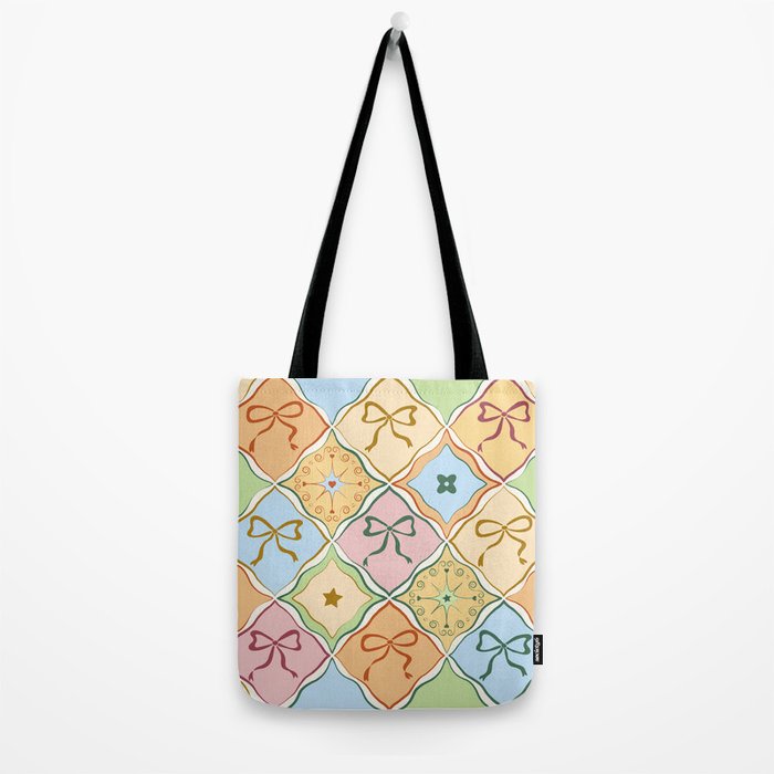 Coquette Ribbon Bows on Colorful Patchwork Tote Bag Gallery Image 2