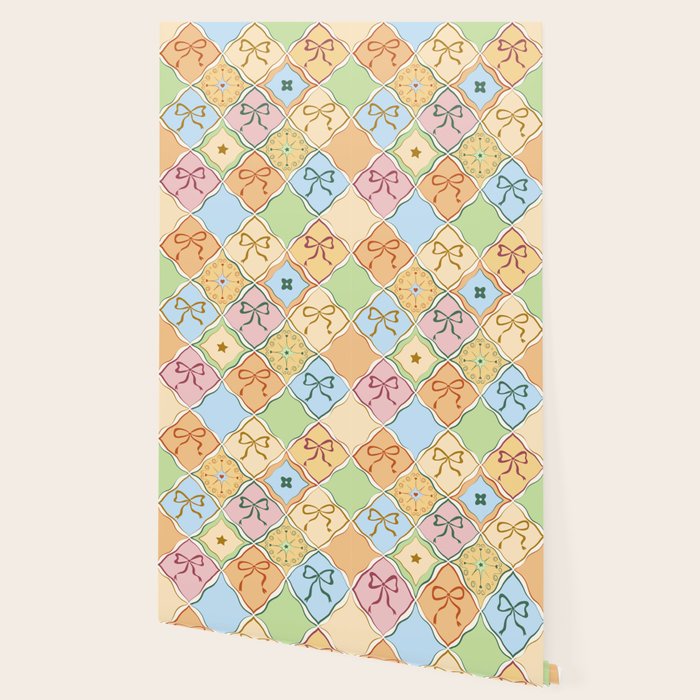 Coquette Ribbon Bows on Colorful Patchwork Wallpaper Gallery Image 2