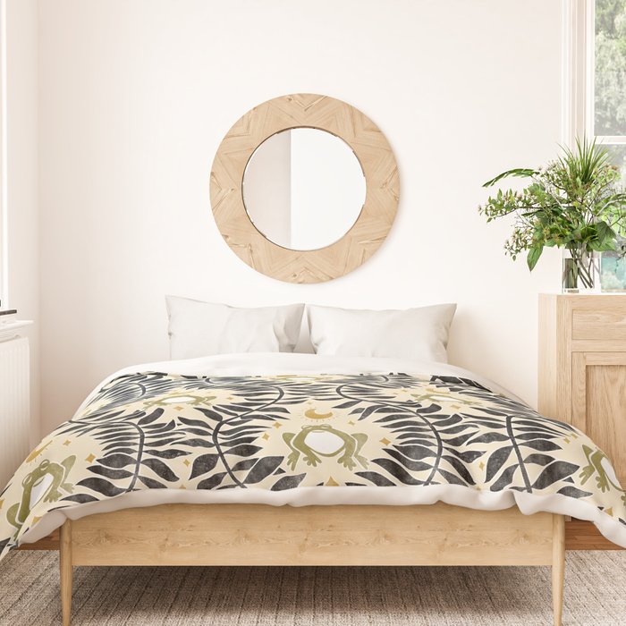 Froggie Ogee - black, moss green, and cream Duvet Cover Gallery Image 3