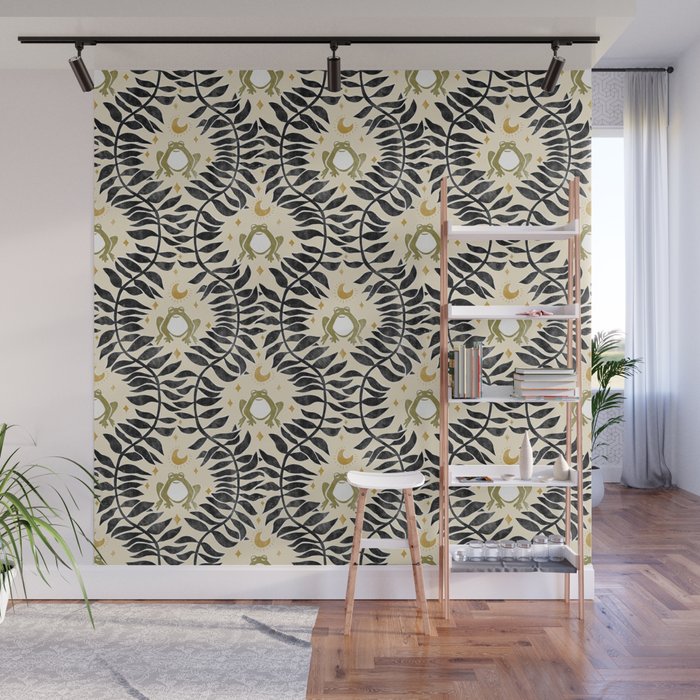 Froggie Ogee - black, moss green, and cream Wall Mural Gallery Image 1