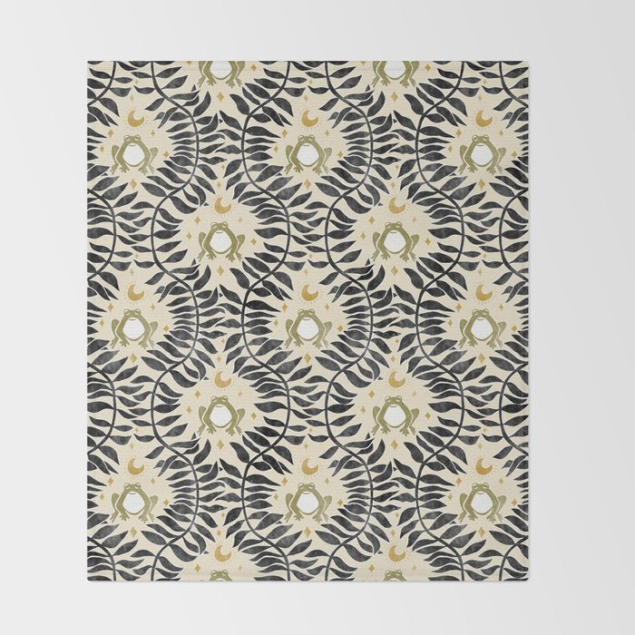 Froggie Ogee - black, moss green, and cream Throw Blanket Gallery Image 2