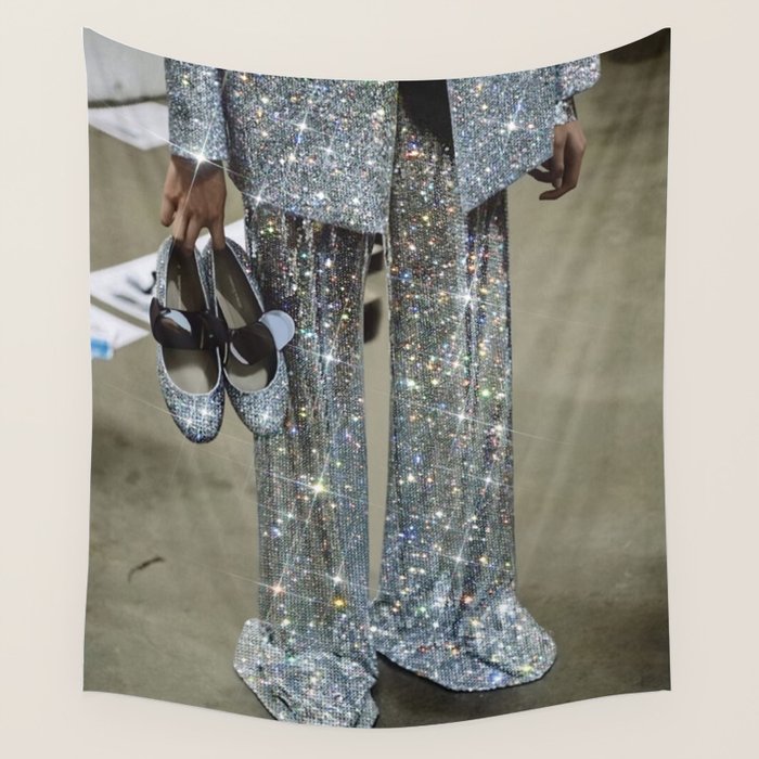 AT THE END OF THE WORKDAY | digital art collage by yana potter | sparkle suit | jacket | glitter  Wall Tapestry Gallery Image 1
