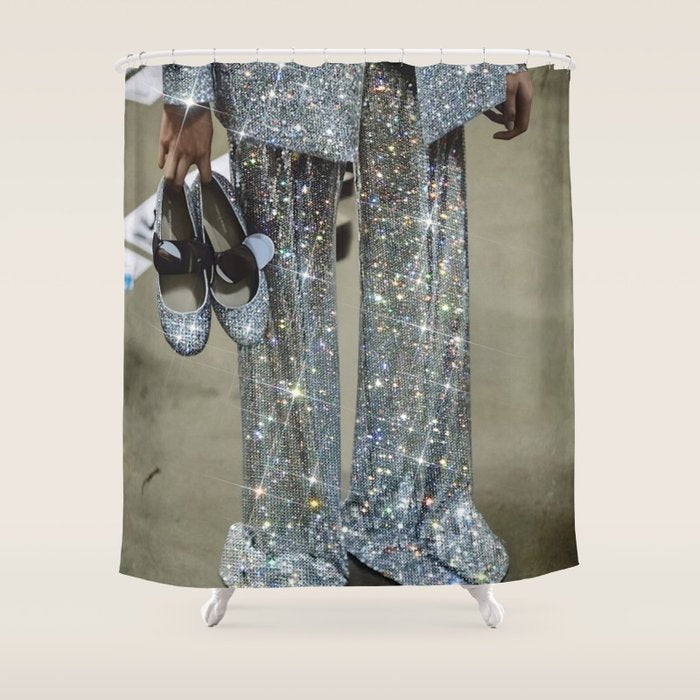 AT THE END OF THE WORKDAY | digital art collage by yana potter | sparkle suit | jacket | glitter  Shower Curtain Gallery Image 1
