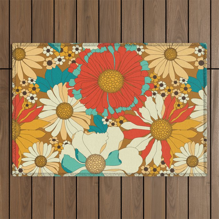 Red, Orange, Turquoise and Brown Retro Floral Pattern Outdoor Rug Gallery Image 1