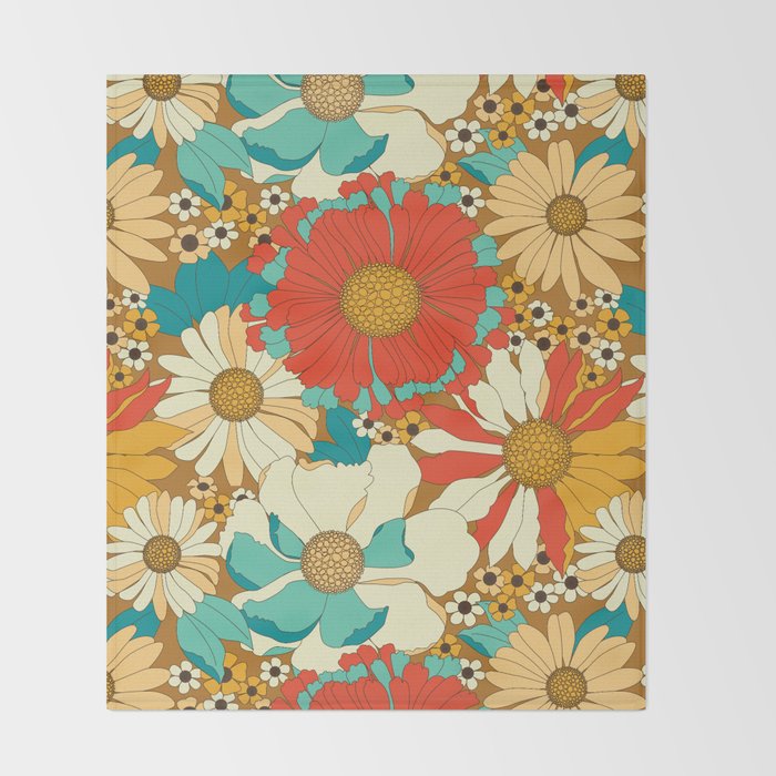 Red, Orange, Turquoise and Brown Retro Floral Pattern Throw Blanket Gallery Image 2