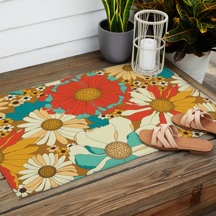 Red, Orange, Turquoise and Brown Retro Floral Pattern Outdoor Rug Gallery Image 2