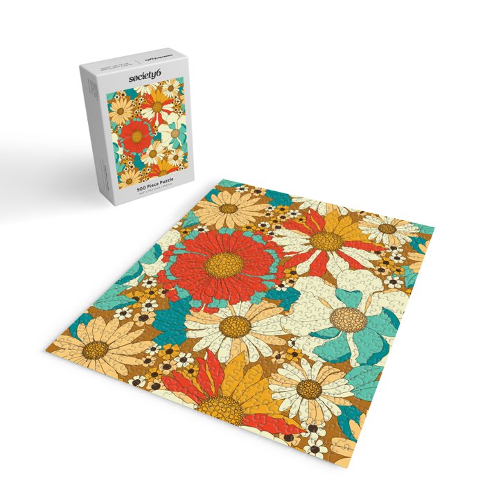 Red, Orange, Turquoise and Brown Retro Floral Pattern Jigsaw Puzzle Gallery Image 2
