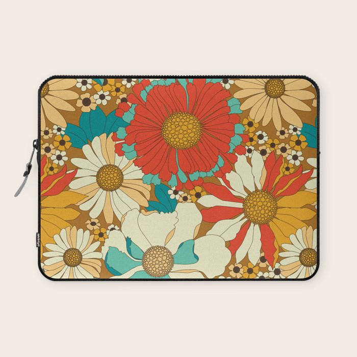 Red, Orange, Turquoise and Brown Retro Floral Pattern Laptop Sleeve Gallery Image 1
