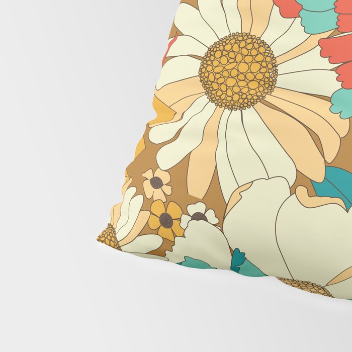 Red, Orange, Turquoise and Brown Retro Floral Pattern Pillow Sham Gallery Image 4