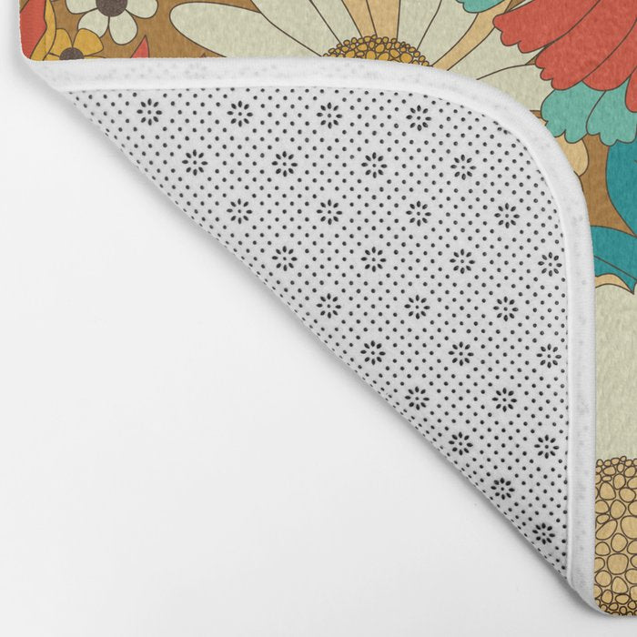 Red, Orange, Turquoise and Brown Retro Floral Pattern Bath Mat Gallery Image 2
