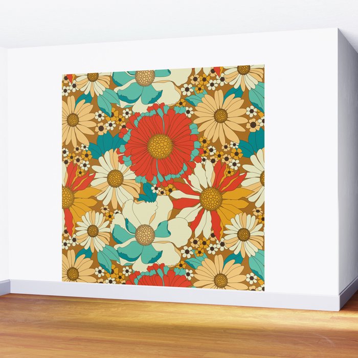 Red, Orange, Turquoise and Brown Retro Floral Pattern Wall Mural Gallery Image 2