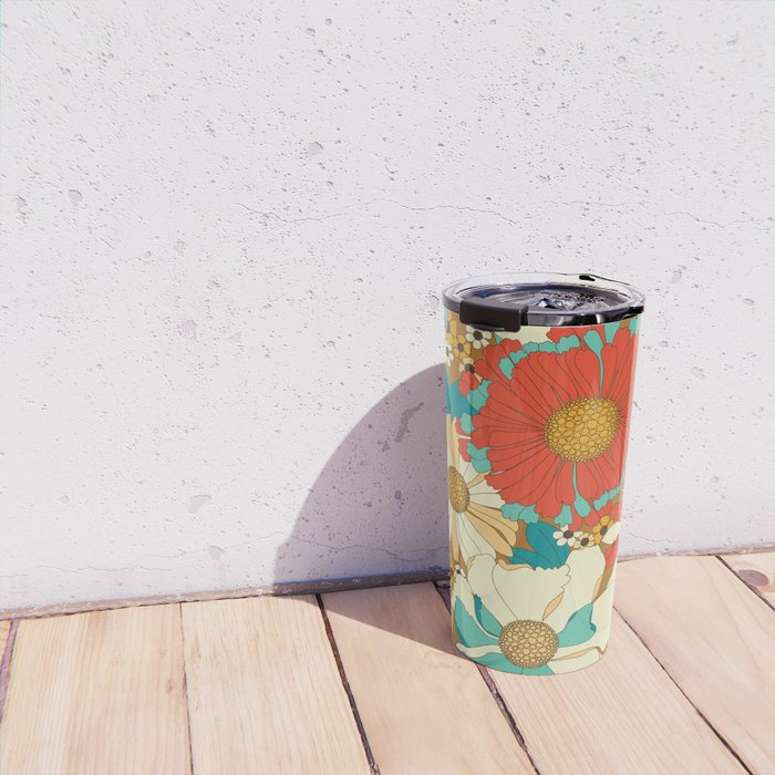 Red, Orange, Turquoise and Brown Retro Floral Pattern Travel Mug Gallery Image 4