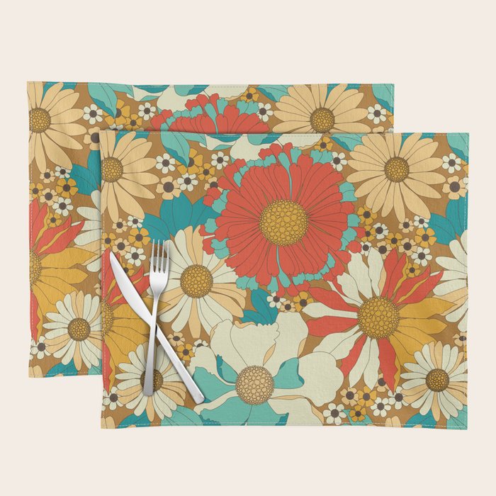 Red, Orange, Turquoise and Brown Retro Floral Pattern Placemat Gallery Image 1