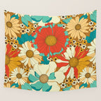 Red, Orange, Turquoise and Brown Retro Floral Pattern Wall Tapestry Gallery Image 4