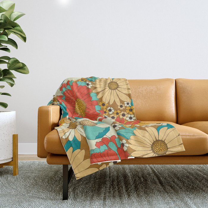 Red, Orange, Turquoise and Brown Retro Floral Pattern Throw Blanket Gallery Image 1