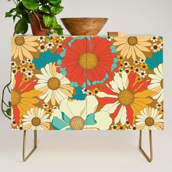 Red, Orange, Turquoise and Brown Retro Floral Pattern Credenza Gallery Image 1