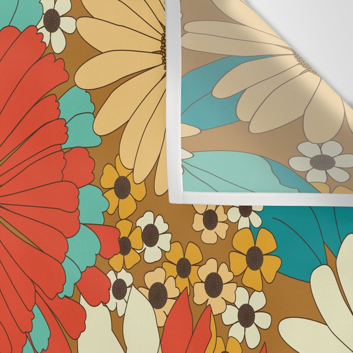 Red, Orange, Turquoise and Brown Retro Floral Pattern Wall Tapestry Gallery Image 3