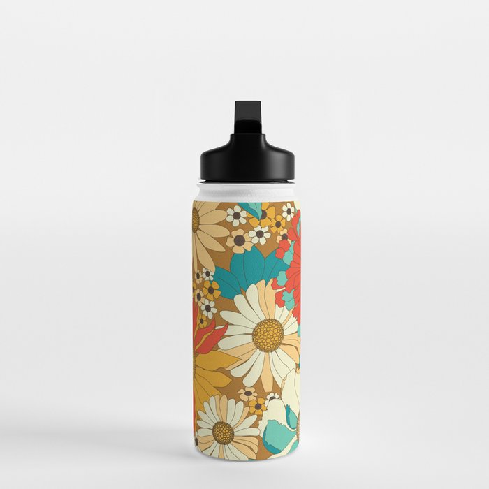 Red, Orange, Turquoise and Brown Retro Floral Pattern Water Bottle Gallery Image 3