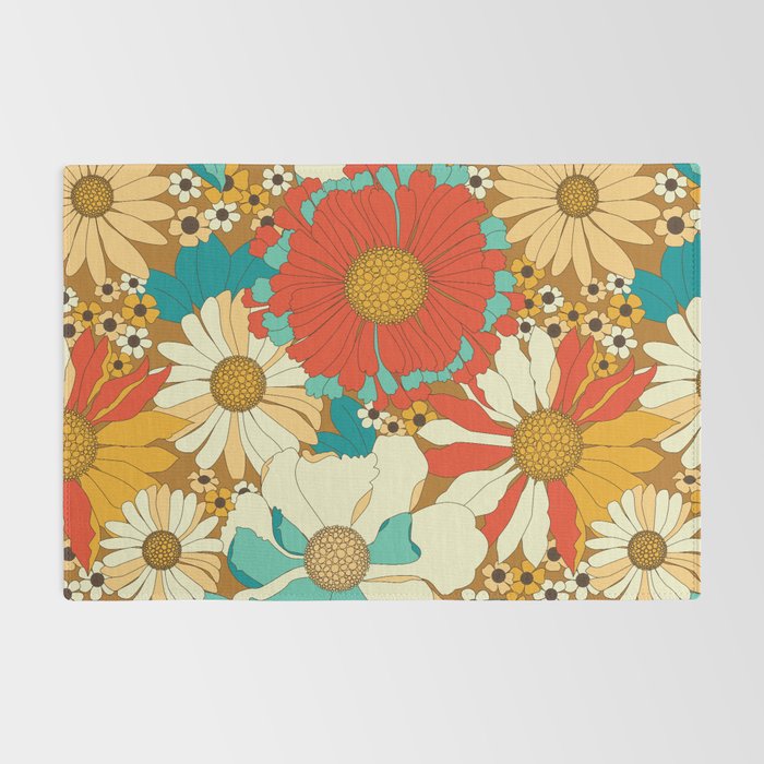 Red, Orange, Turquoise and Brown Retro Floral Pattern Rug Gallery Image 2