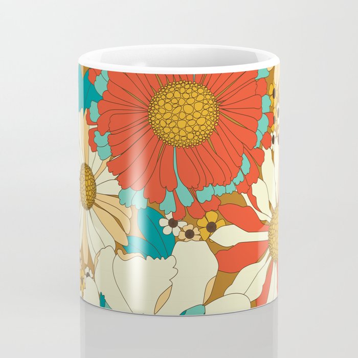 Red, Orange, Turquoise and Brown Retro Floral Pattern Coffee Mug Gallery Image 4