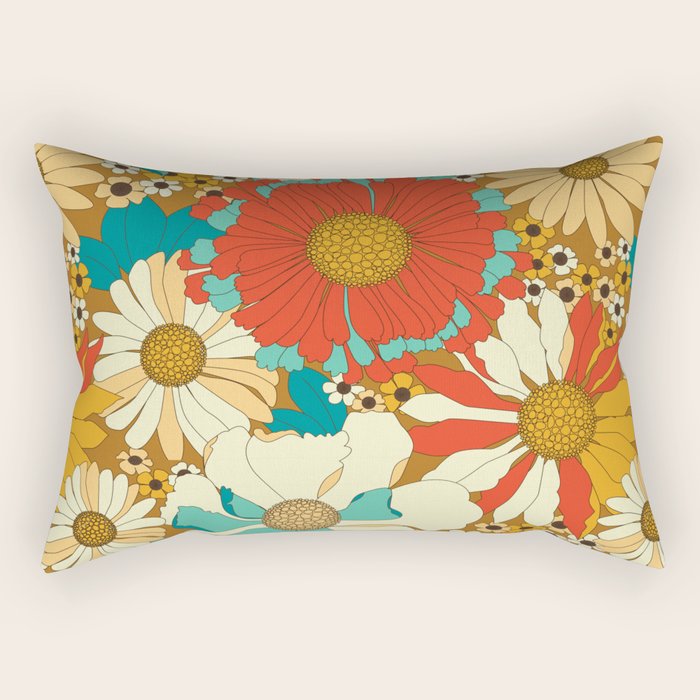 Red, Orange, Turquoise and Brown Retro Floral Pattern Rectangular Pillow Gallery Image 2