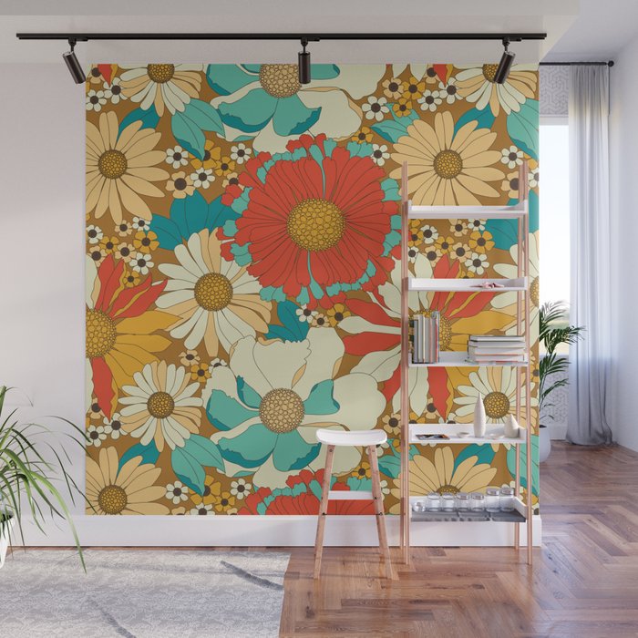 Red, Orange, Turquoise and Brown Retro Floral Pattern Wall Mural Gallery Image 1