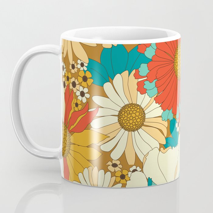 Red, Orange, Turquoise and Brown Retro Floral Pattern Coffee Mug Gallery Image 3
