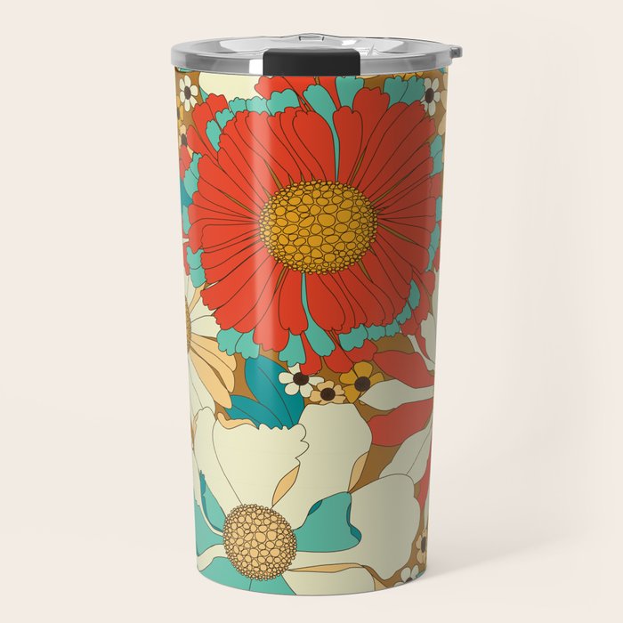 Red, Orange, Turquoise and Brown Retro Floral Pattern Travel Mug Gallery Image 1