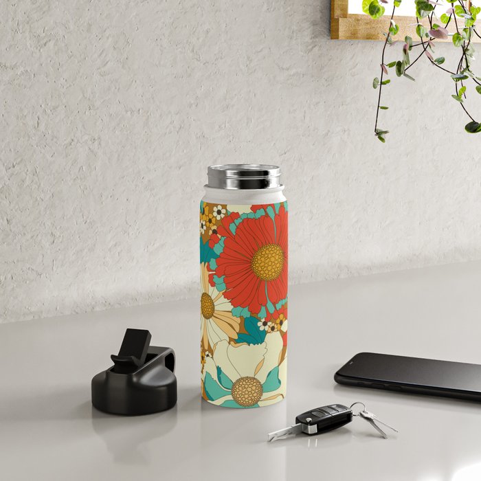 Red, Orange, Turquoise and Brown Retro Floral Pattern Water Bottle Gallery Image 5