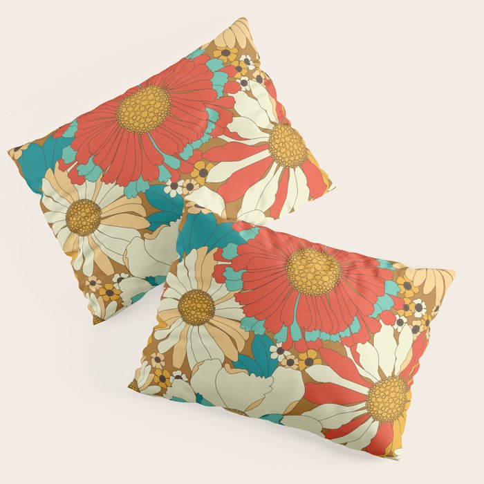Red, Orange, Turquoise and Brown Retro Floral Pattern Pillow Sham Gallery Image 3