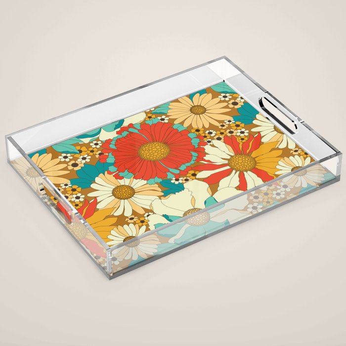 Red, Orange, Turquoise and Brown Retro Floral Pattern Acrylic Tray Gallery Image 1