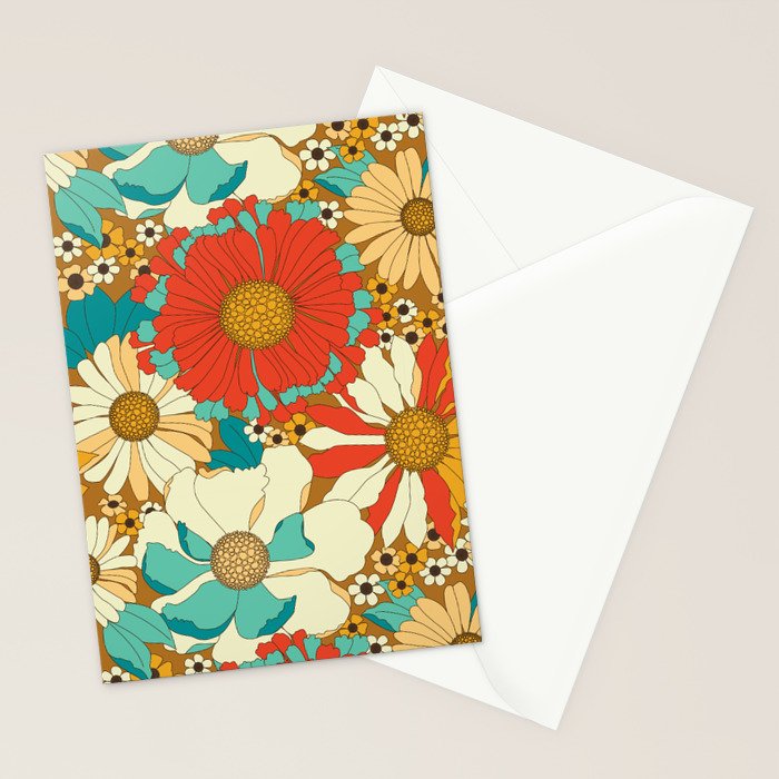 Red, Orange, Turquoise and Brown Retro Floral Pattern Stationery Card Gallery Image 2
