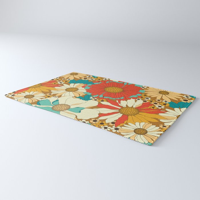 Red, Orange, Turquoise and Brown Retro Floral Pattern Rug Gallery Image 3
