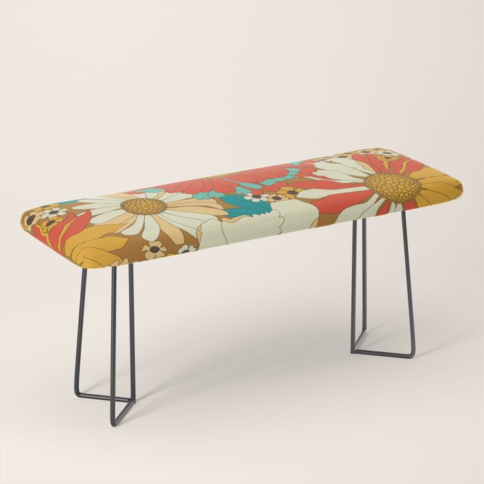 Red, Orange, Turquoise and Brown Retro Floral Pattern Bench Gallery Image 1