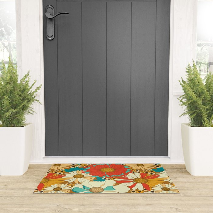 Red, Orange, Turquoise and Brown Retro Floral Pattern Welcome Mat Gallery Image 3
