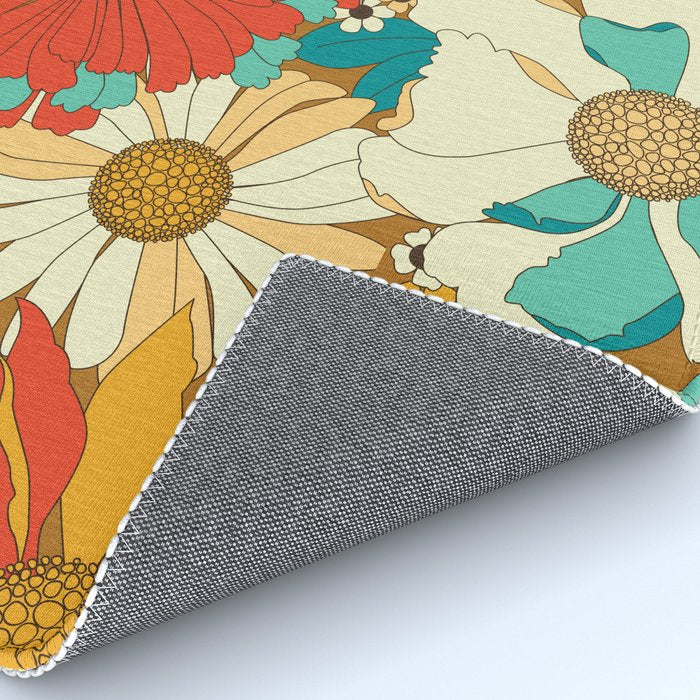 Red, Orange, Turquoise and Brown Retro Floral Pattern Rug Gallery Image 4