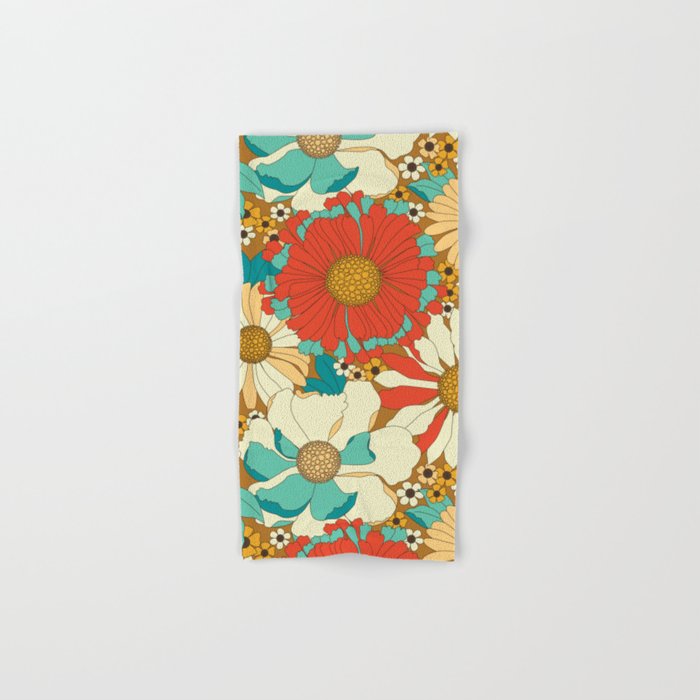 Red, Orange, Turquoise and Brown Retro Floral Pattern Bath Towel Gallery Image 1