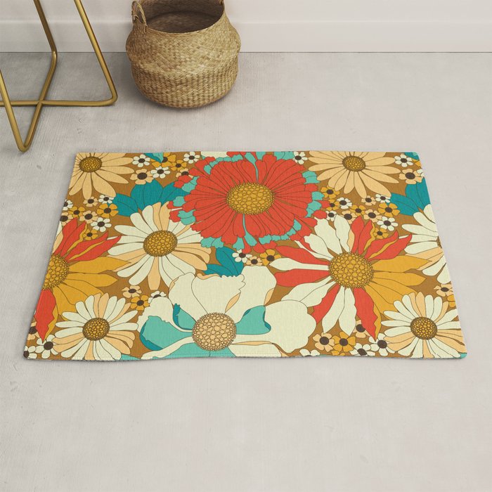 Red, Orange, Turquoise and Brown Retro Floral Pattern Rug Gallery Image 1