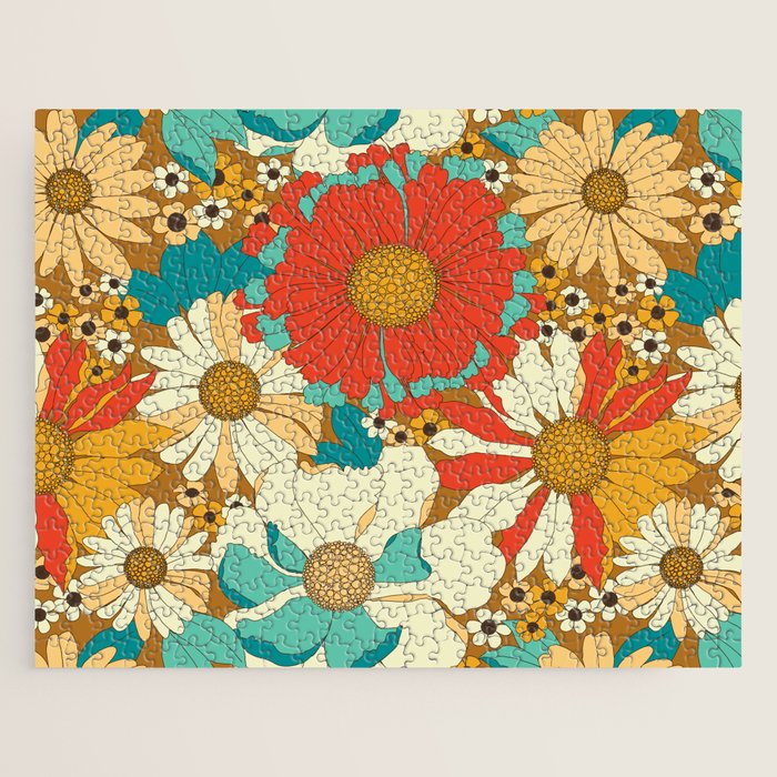 Red, Orange, Turquoise and Brown Retro Floral Pattern Jigsaw Puzzle Gallery Image 1