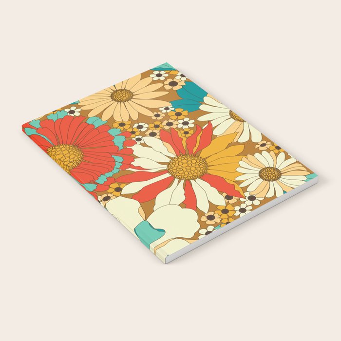 Red, Orange, Turquoise and Brown Retro Floral Pattern Notebook Gallery Image 2