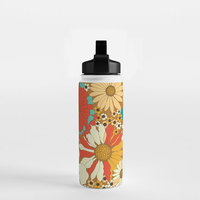 Red, Orange, Turquoise and Brown Retro Floral Pattern Water Bottle Gallery Image 2