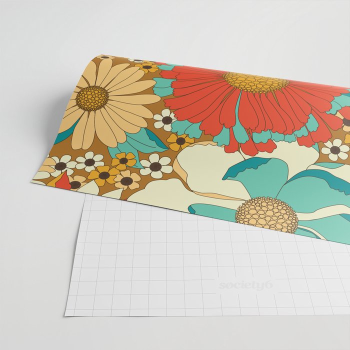 Red, Orange, Turquoise and Brown Retro Floral Pattern Wrapping Paper Gallery Image 2
