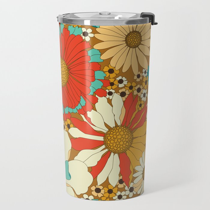 Red, Orange, Turquoise and Brown Retro Floral Pattern Travel Mug Gallery Image 2