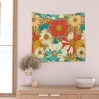 Red, Orange, Turquoise and Brown Retro Floral Pattern Wall Tapestry Gallery Image 2