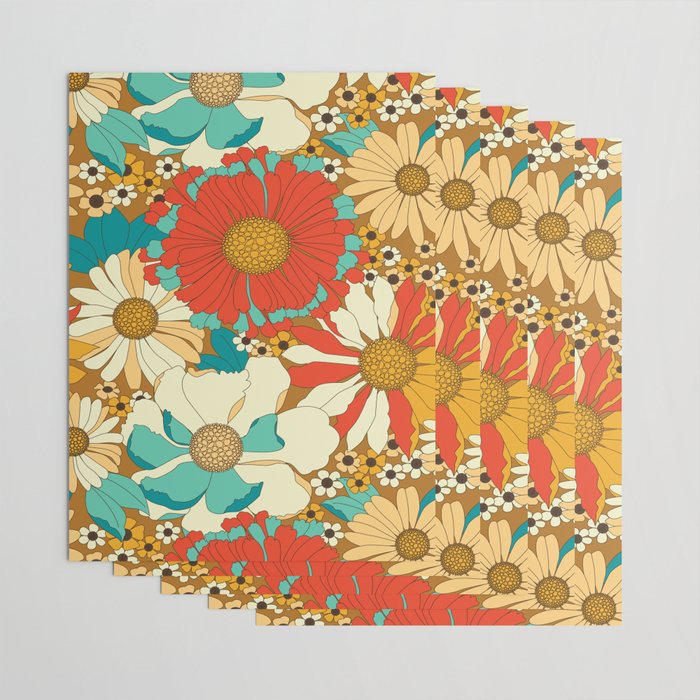 Red, Orange, Turquoise and Brown Retro Floral Pattern Wrapping Paper Gallery Image 3