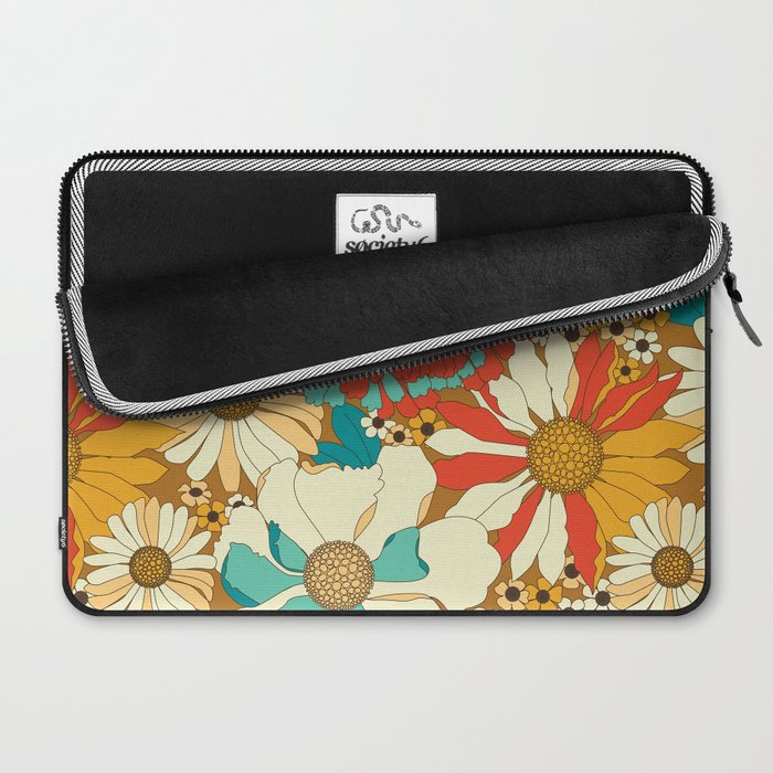 Red, Orange, Turquoise and Brown Retro Floral Pattern Laptop Sleeve Gallery Image 2