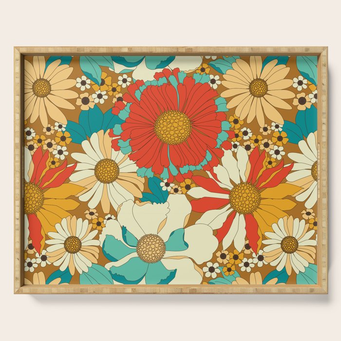 Red, Orange, Turquoise and Brown Retro Floral Pattern Serving Tray Gallery Image 1