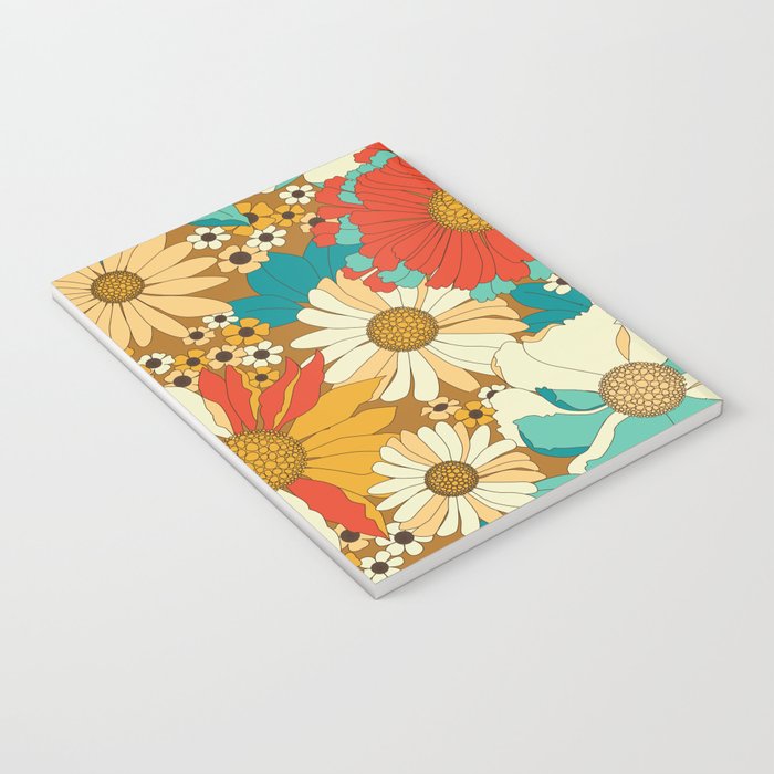 Red, Orange, Turquoise and Brown Retro Floral Pattern Notebook Gallery Image 3